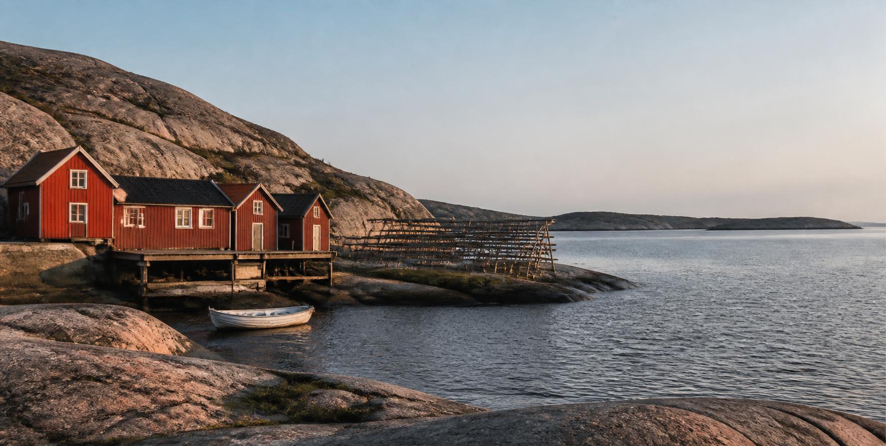 Rosa granithällar, röda sjöbodar och hav i Bohuslän