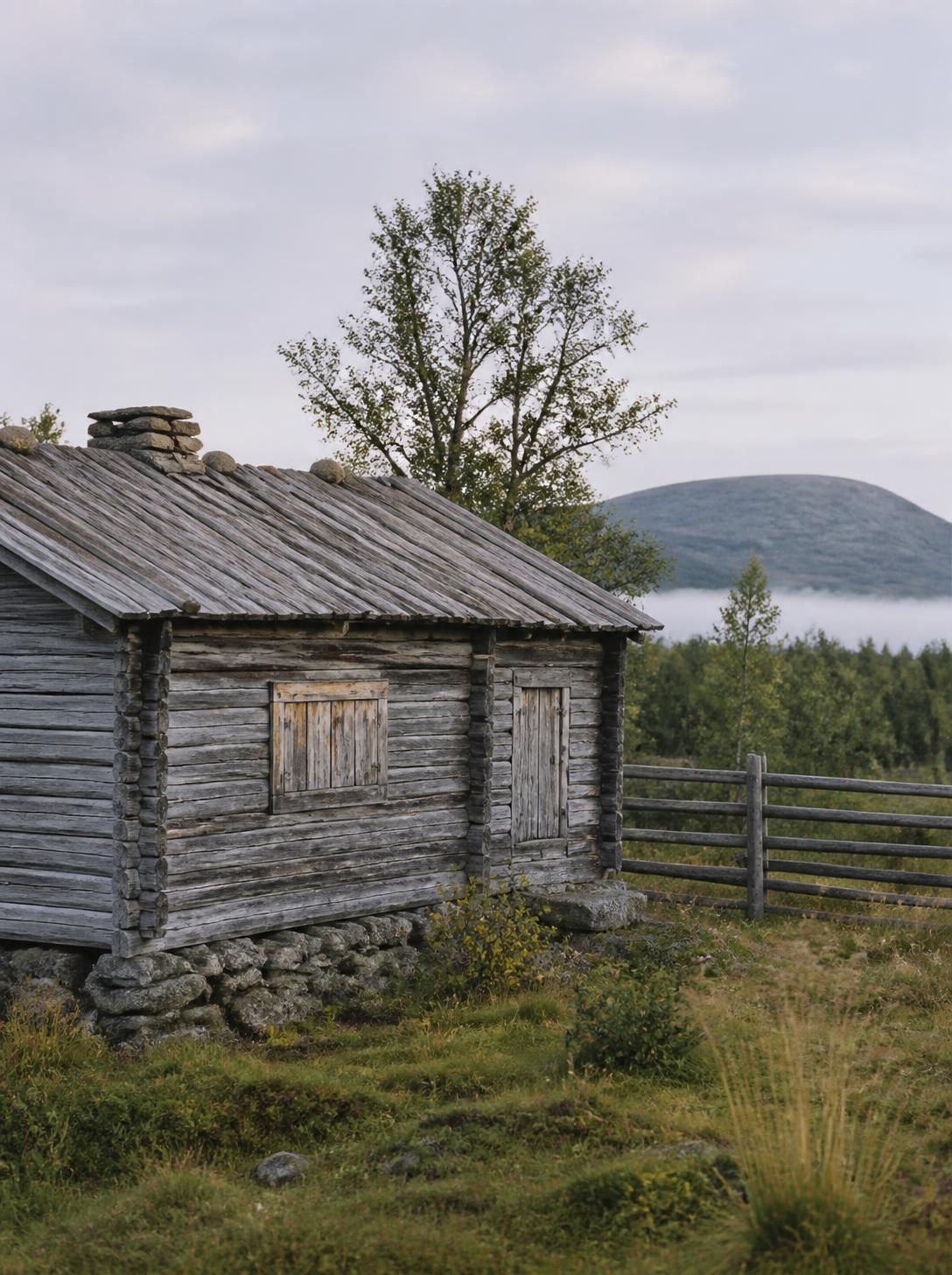 Grånad timmerfäbod i fjällen
