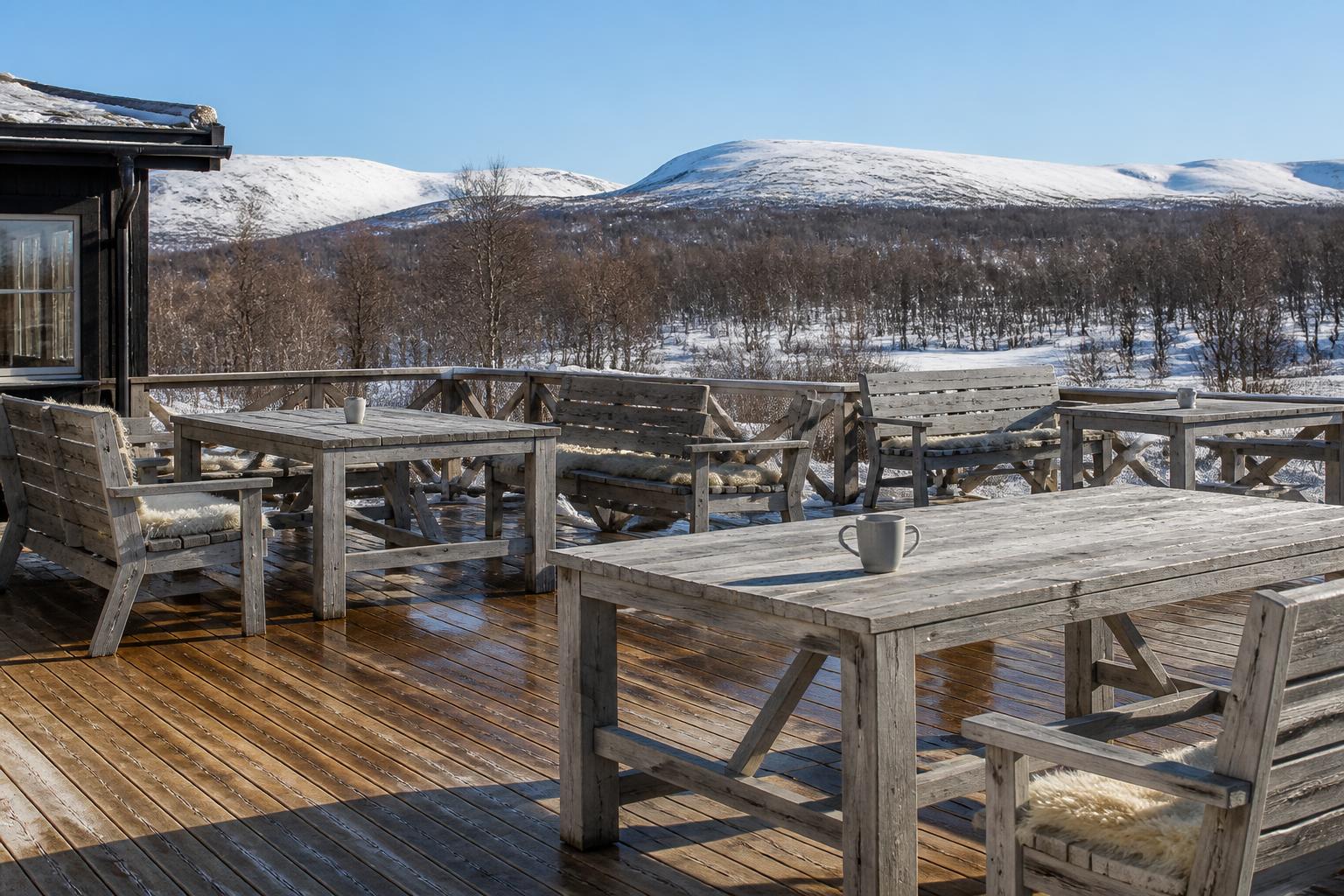Fjällterrass med bord och soffor i grånad gran