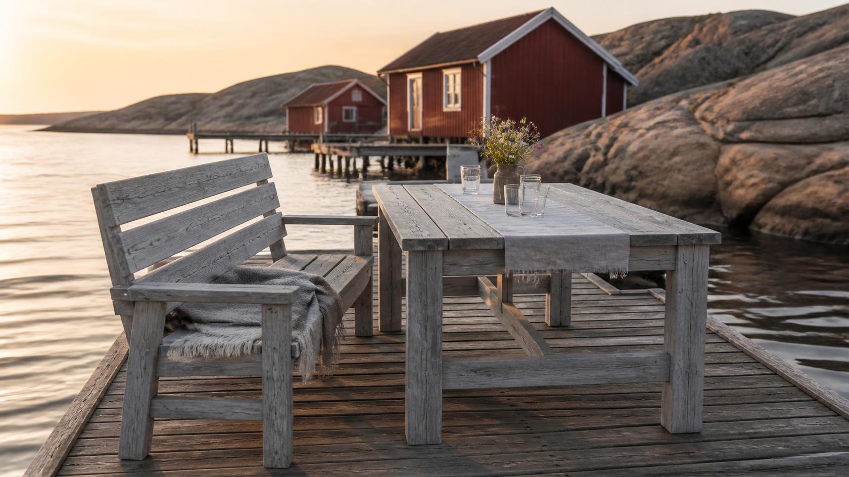 Bord och soffa i grånad gran på en brygga i Bohuslän i kvällsljus